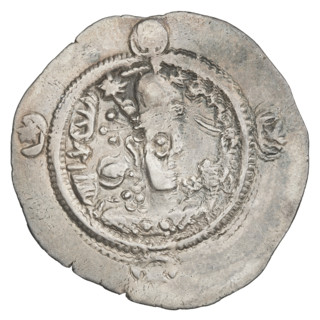 Drachma, Hormizd IV (ruler of Persia; 579–590). Obverse: bust of Hormizd IV facing right, wearing a