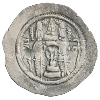Drachma of Hormizd IV (r. 579–590). Obverse: bust of Hormizd IV facing right, wearing a crown