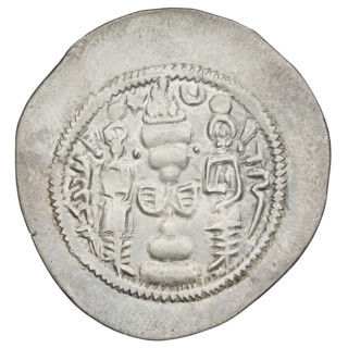 Drachma of Hormizd IV (r. 579–590). Obverse: bust of Hormizd IV facing right, wearing a crown