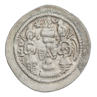 Drachma of Hormizd IV (r. 579–590). Obverse: bust of Hormizd IV right, wearing a crown decorated