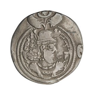 Drachma, Chosroes II Parwiz (ruler of Persia; 590–628). Obverse: bust of Chosroes II facing right,