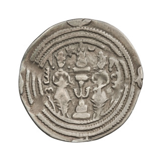 Drachma, Chosroes II Parwiz (ruler of Persia; 590–628). Obverse: bust of Chosroes II facing right,