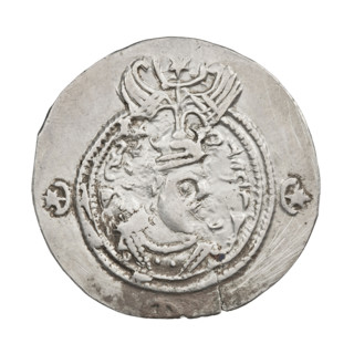 Drachma, Chosroes II Parwiz (ruler of Persia; 590–628). Obverse: bust of Chosroes II facing right,