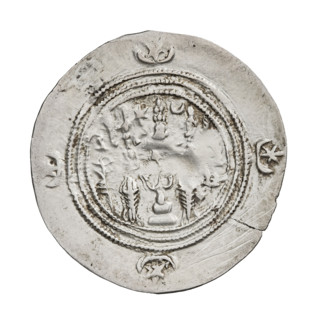 Drachma, Chosroes II Parwiz (ruler of Persia; 590–628). Obverse: bust of Chosroes II facing right,