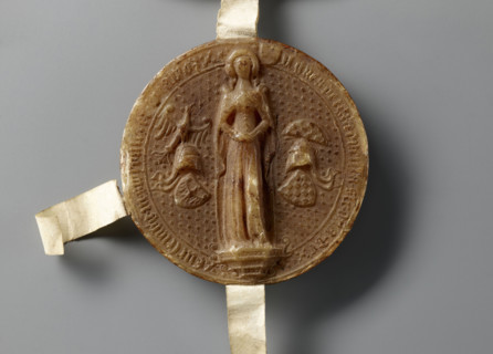 Majestic wax seal with a document: Agnieszka (Duchess of Swidnica; 1368–1392). Princely/rulers'