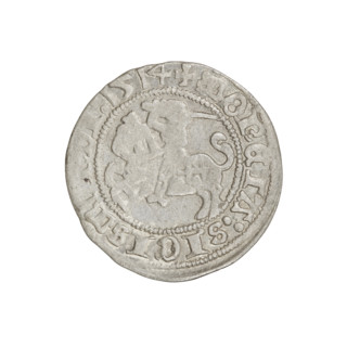 Lithuanian half-grosz, Sigismund I the Old (king of Poland; 1506–1548). Obverse: Pogon turned left;