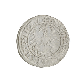Lithuanian half-grosz, Sigismund I the Old (king of Poland; 1506–1548). Obverse: Pogon turned left;