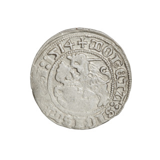 Lithuanian half-grosz, Sigismund I the Old (King of Poland; 1506–1548). Obverse: Pogon (Lithuanian