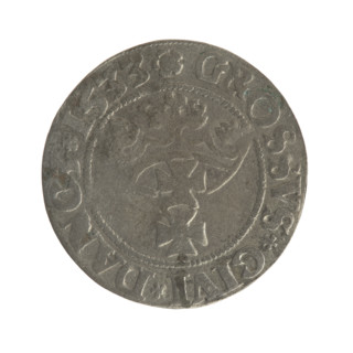 Gdansk grosz, Sigismund I the Old (King of Poland; 1506–1548). Silver coin (grosz), 1533. Obverse: