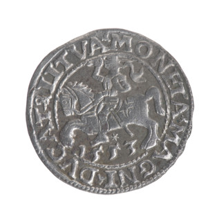 Lithuanian half-grosz, Sigismund II Augustus (King of Poland; 1544–1572). Obverse: Polish eagle;