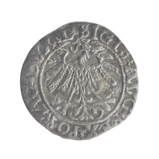 Lithuanian half-grosz, Sigismund II Augustus (King of Poland, 1544–1572). Obverse: Polish eagle; in
