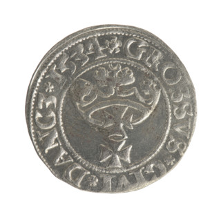 Gdansk grosz, Sigismund I the Old (King of Poland; 1506–1548). Silver coin (1534). Obverse: Crowned