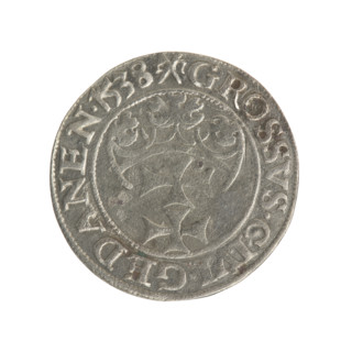 Gdansk grosz, Sigismund I the Old (King of Poland; 1506–1548). Silver coin (1538). Obverse: Crowned