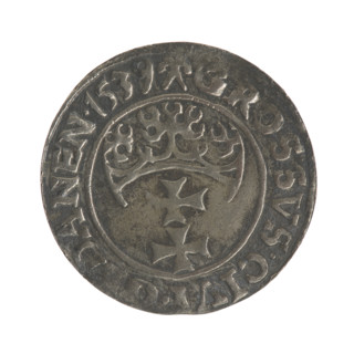 Gdansk grosz, Sigismund I the Old (King of Poland; 1506–1548). Silver coin, 1539. Obverse: Crowned