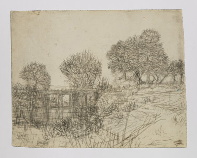 Canal with a wooden bridge among trees; by Feliks Jablczynski (1865–1928); Polish graphic artist;