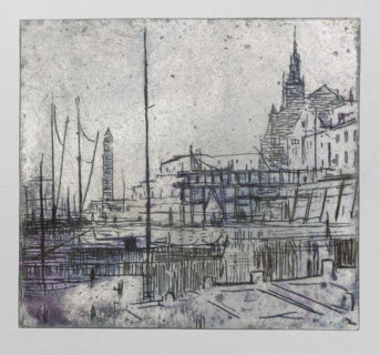View of a port quay in a northern European city; verso: Graphic trials or fragment of a