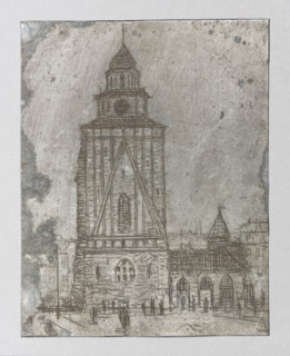 Town hall tower in Krakow with neo-Gothic guardhouse, Jablczynski, Feliks (1865–1928), graphic