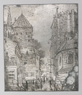 A street in a medieval town; Feliks Jablczynski (1865–1928), graphic artist; tenement houses;