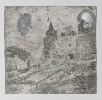 Landscape with a fortified castle on a hill; verso: Fragment of a wall with a pointed-arch door.