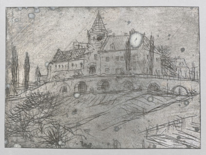 Buildings on a hill inspired by Polish architecture; Feliks Jablczynski (1865–1928); graphic