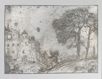 Landscape with trees and defensive buildings, Feliks Jablczynski (1865–1928), graphic artist,