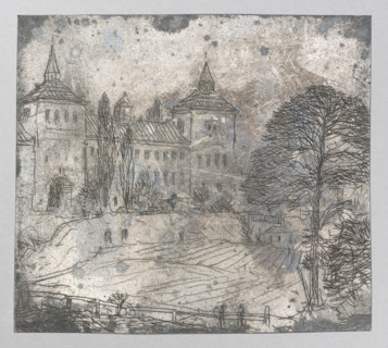 View of an impressive building with a corner tower; Feliks Jablczynski (1865–1928), Polish graphic