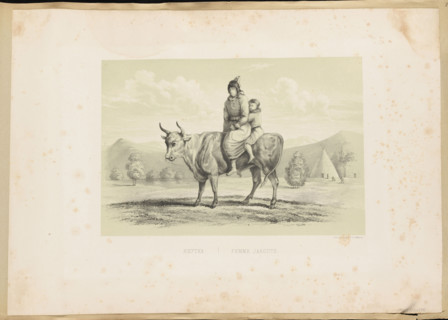 Yakut woman with a child riding an ox. Lithograph after a drawing by Leopold Nemirovsky