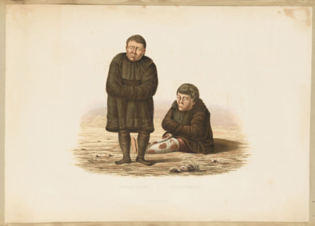 Two Koryak nomads ('reindeer herders') in fur coats and long fur boots. Drawing for a lithograph