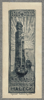 Jan Malecki's bookplate Swiatowid in front of whom smoke rises from two vessels. In the background