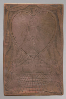 Angels adoring the Blessed Sacrament. The engraving depicts a chalice with a host within rays