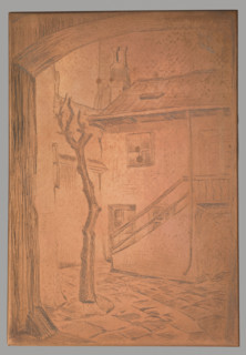 Yard with a dead tree; graphic artist; trees; urban courtyards; tenement houses; Polish graphics;