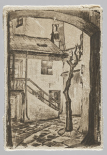Yard with a dead tree; graphic artist; trees; urban courtyards; tenement houses; Polish graphics;