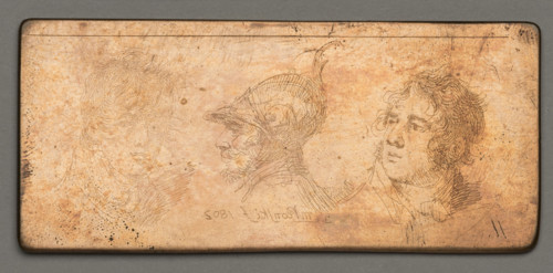 Three heads next to each other, the middle one of a knight in a helmet; men, physiognomic studies,