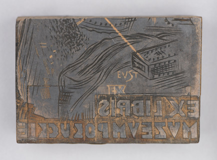 Józef Starzynski bookplate; verso: fragment of another crossed-out bookplate cut into two parts
