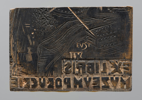Józef Starzynski bookplate; verso: upper fragment of another bookplate crossed out and cut into two