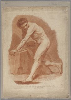 Study of a nude man, kneeling on one knee, the other leg stretched out to the side. Drawn/engraved