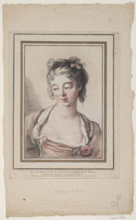 Bust of a young woman looking down, with a rose by her low-cut dress. Composition in a gold frame