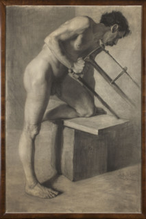 Male nude leaning in the pose of sawing a board; Ignacy Lopienski (1865–1941); studies from models;