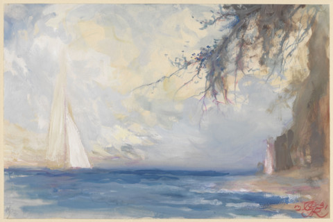 Seaside landscape with a sailboat, Antoni Gawinski (1876–1954), painter; Ignacy Jan Paderewski