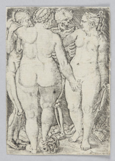 Death and Three Witches, Barthel Beham (1502–1540). German graphic print, 16th century, Renaissance