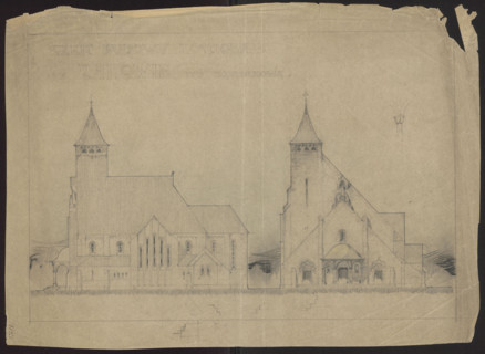 Czestochowa. Church in Raków. Unrealized project. Front elevation, side elevation. Wojciechowski,