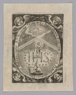 Graphic artist; angel heads; allegorical-symbolic bookplate; religious bookplate; lilies; Eye of