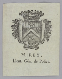 M. Rey bookplate with flowers and plant ornaments, heraldic-text bookplate featuring coat of arms