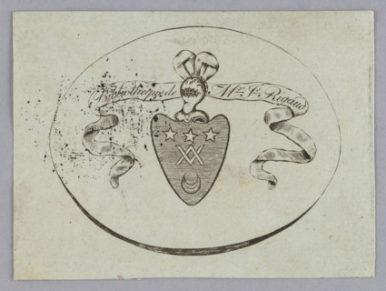 Bookplate of the Rigaud family; heraldic bookplate with coat of arms featuring stars, heraldic