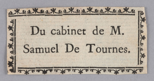 Inscription enclosed in a simple linear frame. 18th century print bookplate: Du cabinet de M.