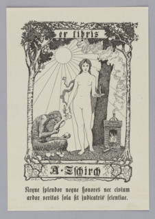Two figures in a landscape: in the center, a standing nude woman with flowing hair (Veritas)