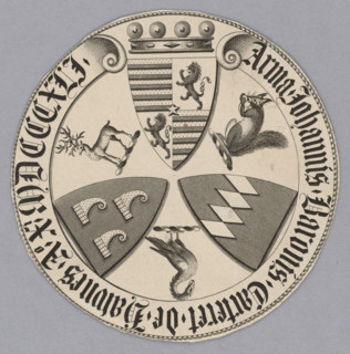 Bookplate in the form of an oval. Three coats of arms arranged concentrically, with animals (a