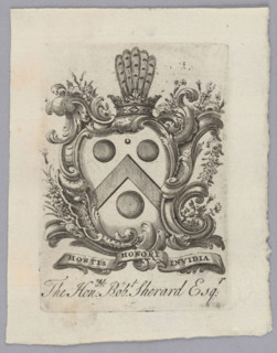 Coat of arms shield in a rocaille cartouche decorated with flowers; in the finial a rank crown and