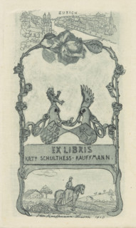 Ex libris of Kaeta Schultess-Kauffmann; artist: Kauffmann, Jean (1866–1924). Heraldic-text