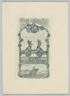 Ex libris bookplate for Kaeta (Kaety) Schulthess-Kauffmann, 1909. Graphic print (Lucerne), height 9